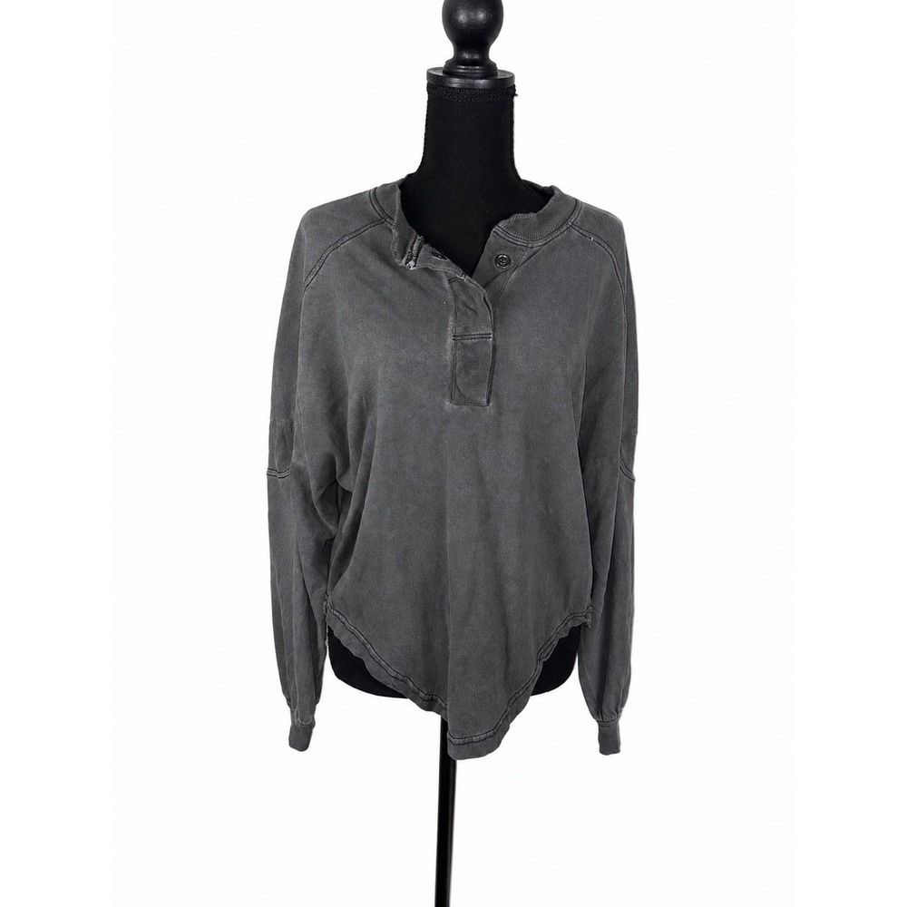 BDG Logan Oversized Cropped Long Sleeve Boxy Henley Top Gray S